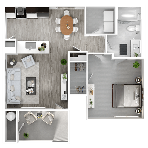 A top-down view of a modern apartment layout with a kitchen, living room, and bedrooms.